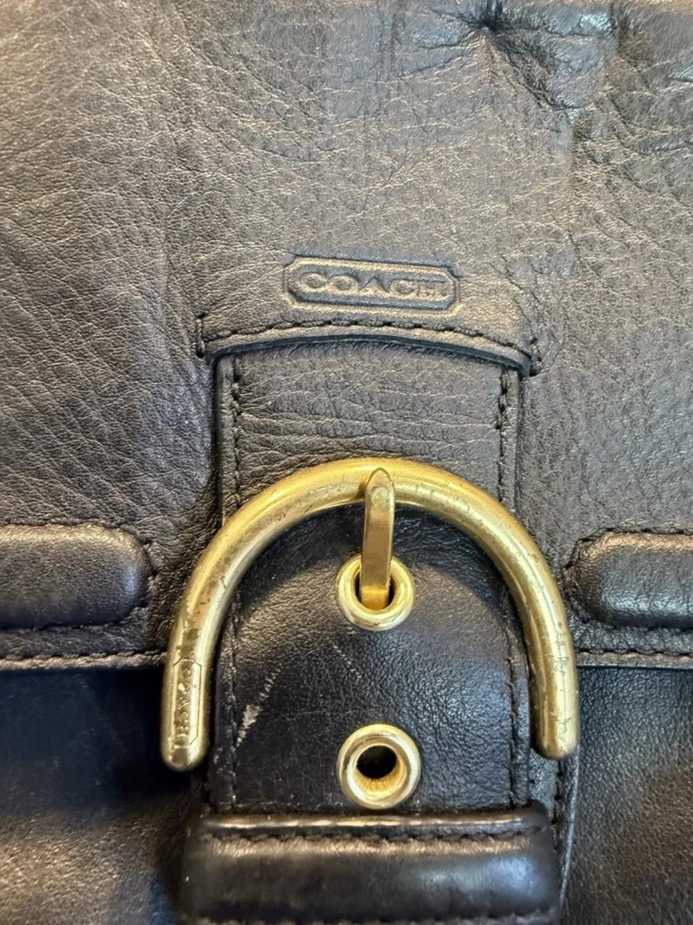 COACH Campbell F24686 Black Leather Large Hobo Shoulder Bag Chunky Brass Buckle